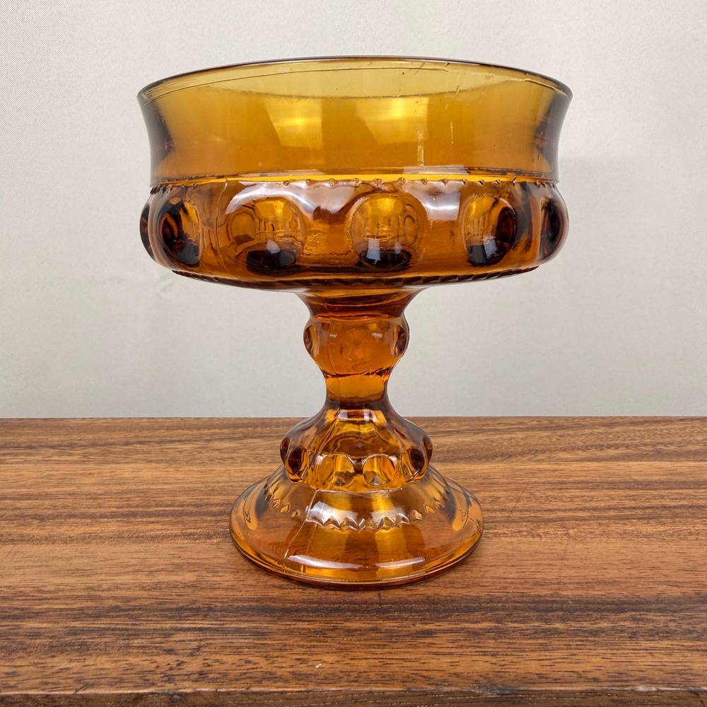 Indiana Glass Kings Crown Amber Compote Pedestal Candy Dish Vintage Mid Century